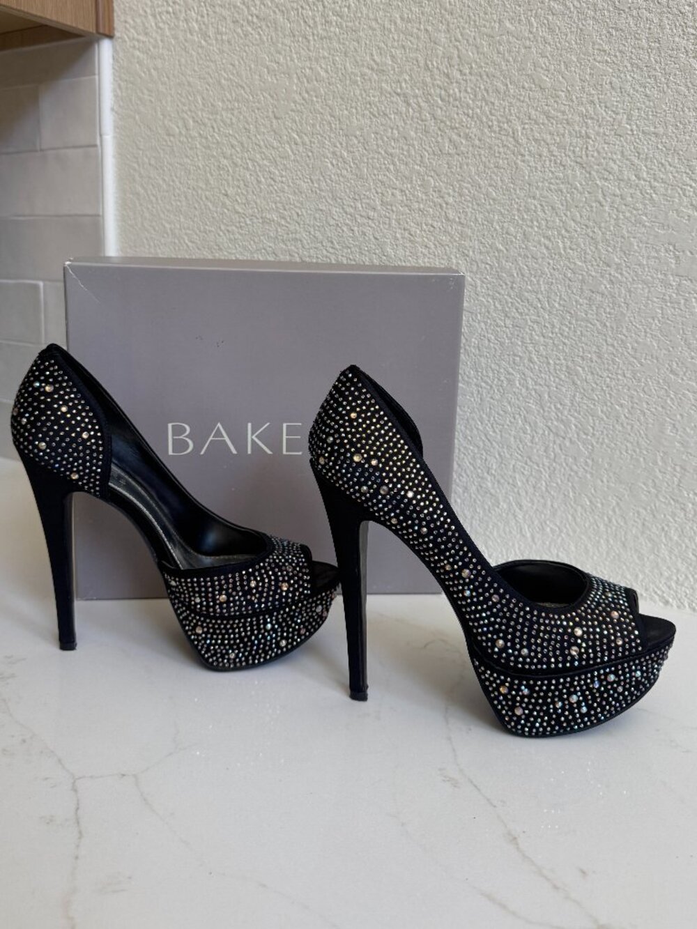 Bakers Black Rhinestone Peep Toe Platform Stiletto Heels | Size 8 ✨🖤